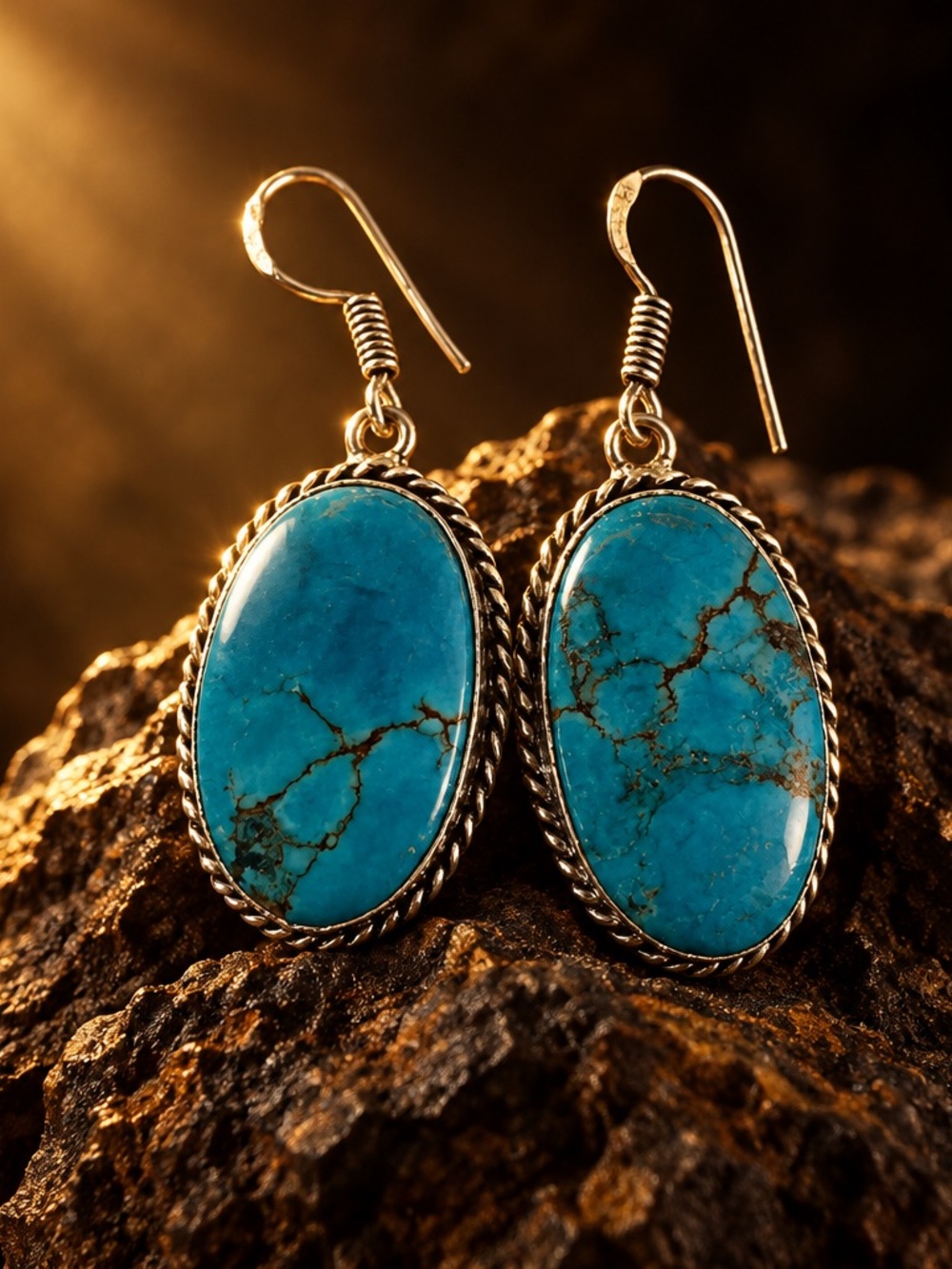 Turquoise Stone Oval Drop Earrings - Blue Silver 925 Stamped Setting
